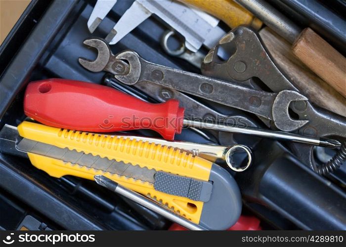 Different tools in the tool box. Repair and maintenance