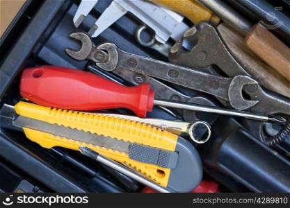 Different tools in the tool box. Repair and maintenance