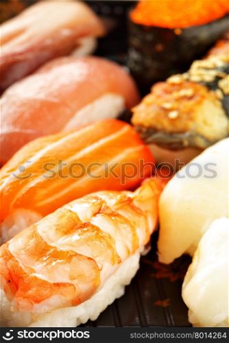 Different traditional japanese sushi close-up