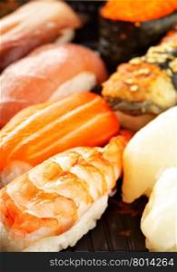 Different traditional japanese sushi close-up