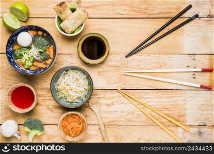different type chopsticks with thai traditional delicious food wooden desk