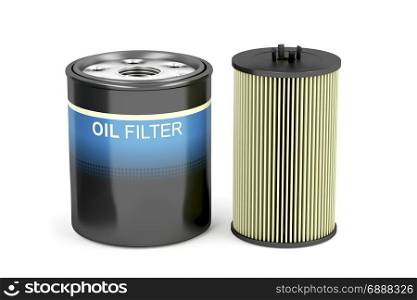 Different types of automotive oil filters on white background