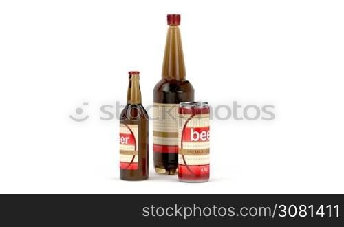 Different types of beer containers on white background