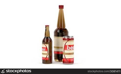 Different types of beer containers on white background