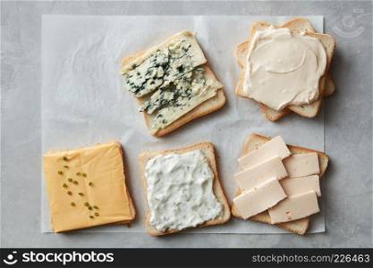 Different types of bread with cheess on gray stone background. Toasted Cheese Bread