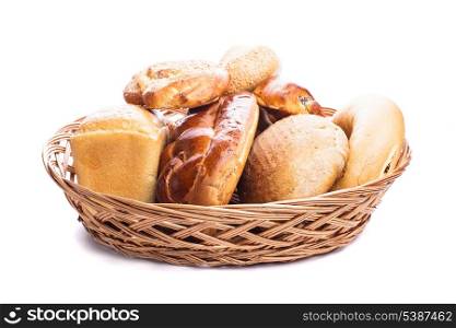 Different types of breads and buns in the basket on a white