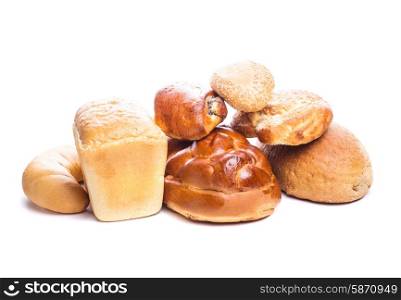Different types of breads and buns isolated on white. Types of bread