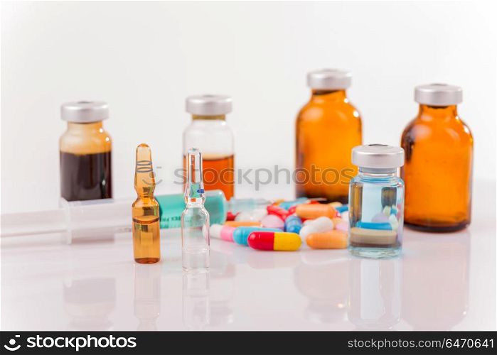 Different types of drugs on white background. drugs