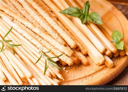 Different types of grissini - tradition Italian breadsticks. Grissini bread sticks