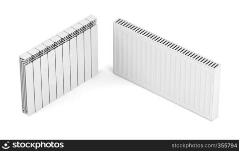 Different types of heating radiators on white background