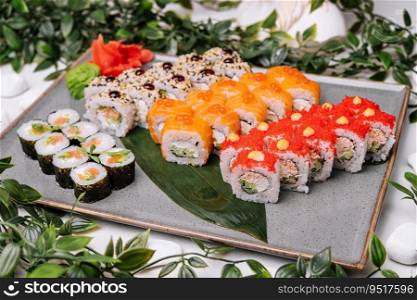 Different types of Japanese sushi on plate