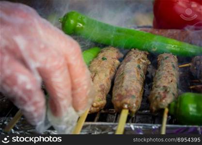 Different types of meat are cooked on the grill. Different types of meat are cooked on the grill - close up