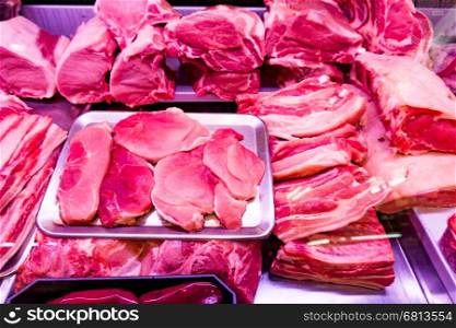 Different types of meat. Fresh raw red meat. meat market