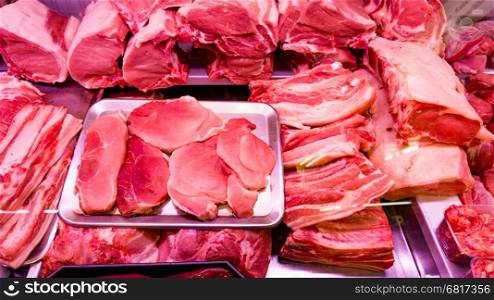 Different types of meat. Fresh raw red meat. meat market