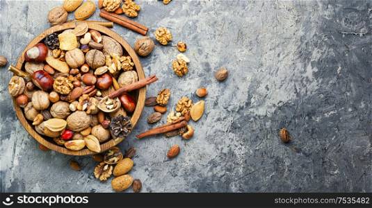 Different types of nuts.Nuts set for healthy diet. Assortment of nuts