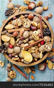 Different types of nuts.Nuts set for healthy diet.Organic food. Mixed nuts in a bowl