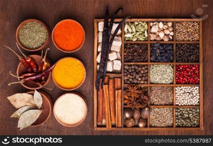 Different types of spices in wooden box