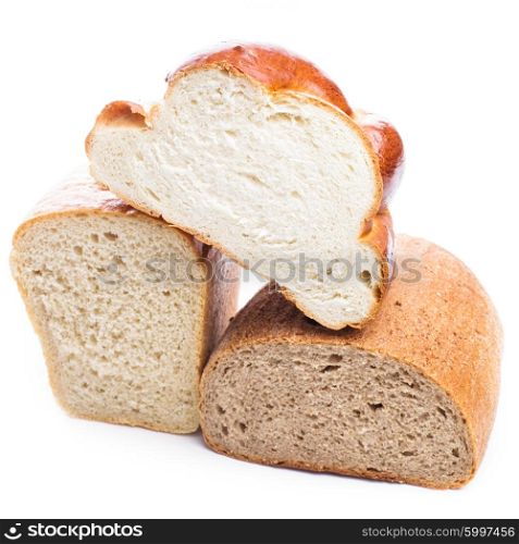 Different types of wheat bread isolated on white. Types of bread