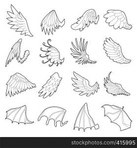 Different wings icons set. Outline illustration of 16 different wings vector icons for web. Different wings icons set, outline style