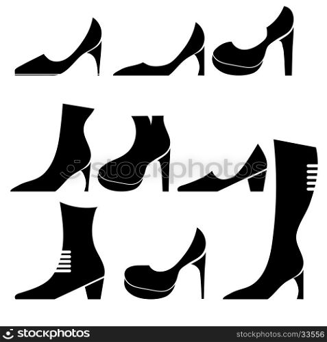 Different Womens Shoes Silhouettes Isolated on White Background. Different Womens Shoes Silhouettes
