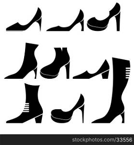 Different Womens Shoes Silhouettes Isolated on White Background. Different Womens Shoes Silhouettes