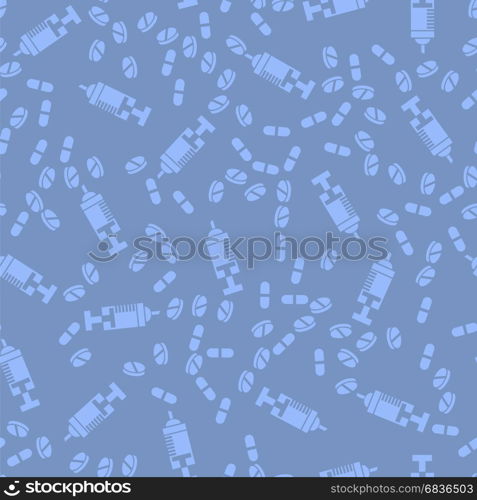 Diffetent Pills Isolated on Blue Background. Seamless Medical Pattern. Pills Seamless Medical Pattern