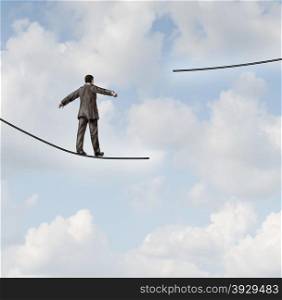 Difficult situation business concept with a businessman walking on a tightrope or high wire metaphor that has been cut and moved higher resulting in increased risk and danger to a planned strategy.