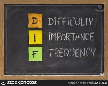 difficulty, importance, frequency - DIF analysis, a method of assessing performance, prioritising training needs and planning; color sticky notes, white chalk handwriting on blackboard