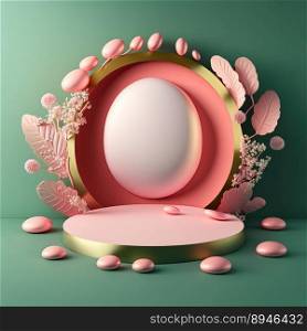 Digital 3D Illustration of a Podium with Easter Eggs, Flowers, and Greenery Ornaments for Product Display