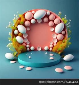 Digital 3D Illustration of a Podium with Easter Eggs, Flowers, and Greenery Ornaments for Product Display