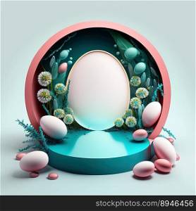 Digital 3D Illustration of a Podium with Easter Eggs, Flowers, and Greenery Decoration for Product Display