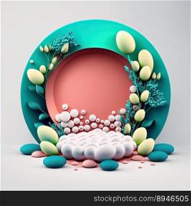 Digital 3D Illustration of a Podium with Easter Eggs, Flowers, and Greenery Decoration