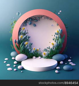 Digital 3D Illustration of a Podium with Easter Eggs, Flowers, and Leaves Decoration for Product Display