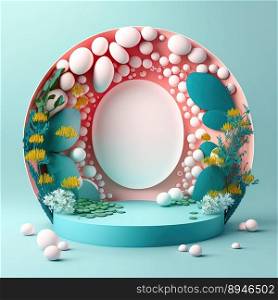 Digital 3D Illustration of a Podium with Easter Eggs, Flowers, and Leaves Decoration