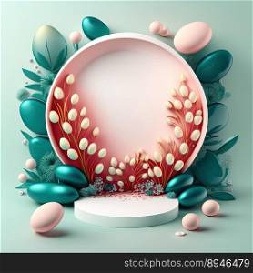 Digital 3D Illustration of a Podium with Easter Eggs, Flowers, and Leaves Ornaments