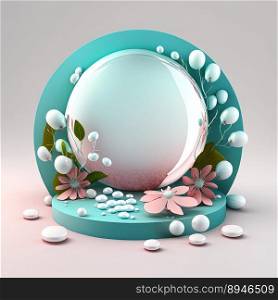Digital 3D Illustration of a Podium with Eggs, Flowers, and Foliage Decoration