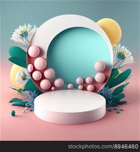 Digital 3D Illustration of a Podium with Eggs, Flowers, and Foliage Decoration for Product Display