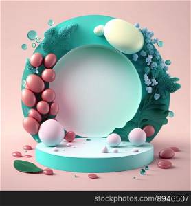 Digital 3D Illustration of a Podium with Eggs, Flowers, and Leaves Decoration