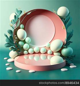 Digital 3D Illustration of a Podium with Eggs, Flowers, and Leaves Ornaments for Product Display