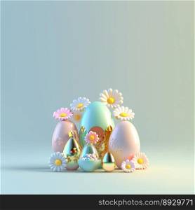Digital 3D Illustration of Eggs and Flowers for Easter Celebration Background