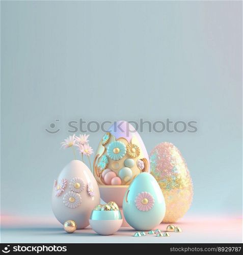Digital 3D Illustration of Eggs and Flowers for Easter Day Greeting Card Background