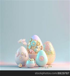 Digital 3D Illustration of Eggs and Flowers for Easter Day Greeting Card Background