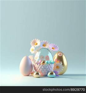 Digital 3D Illustration of Eggs and Flowers for Easter Festive Background