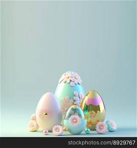 Digital 3D Illustration of Eggs and Flowers for Easter Greeting Card Background