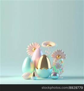 Digital 3D Illustration of Glossy Eggs and Flowers for Easter Background