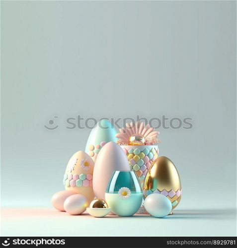 Digital 3D Illustration of Glossy Eggs and Flowers for Easter Celebration Background