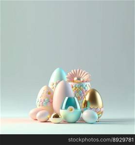 Digital 3D Illustration of Glossy Eggs and Flowers for Easter Celebration Background