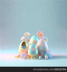 Digital 3D Illustration of Glossy Eggs and Flowers for Easter Day Background