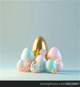 Digital 3D Illustration of Glossy Eggs and Flowers for Easter Day Celebration Background