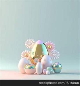 Digital 3D Illustration of Glossy Eggs and Flowers for Easter Day Festive Background